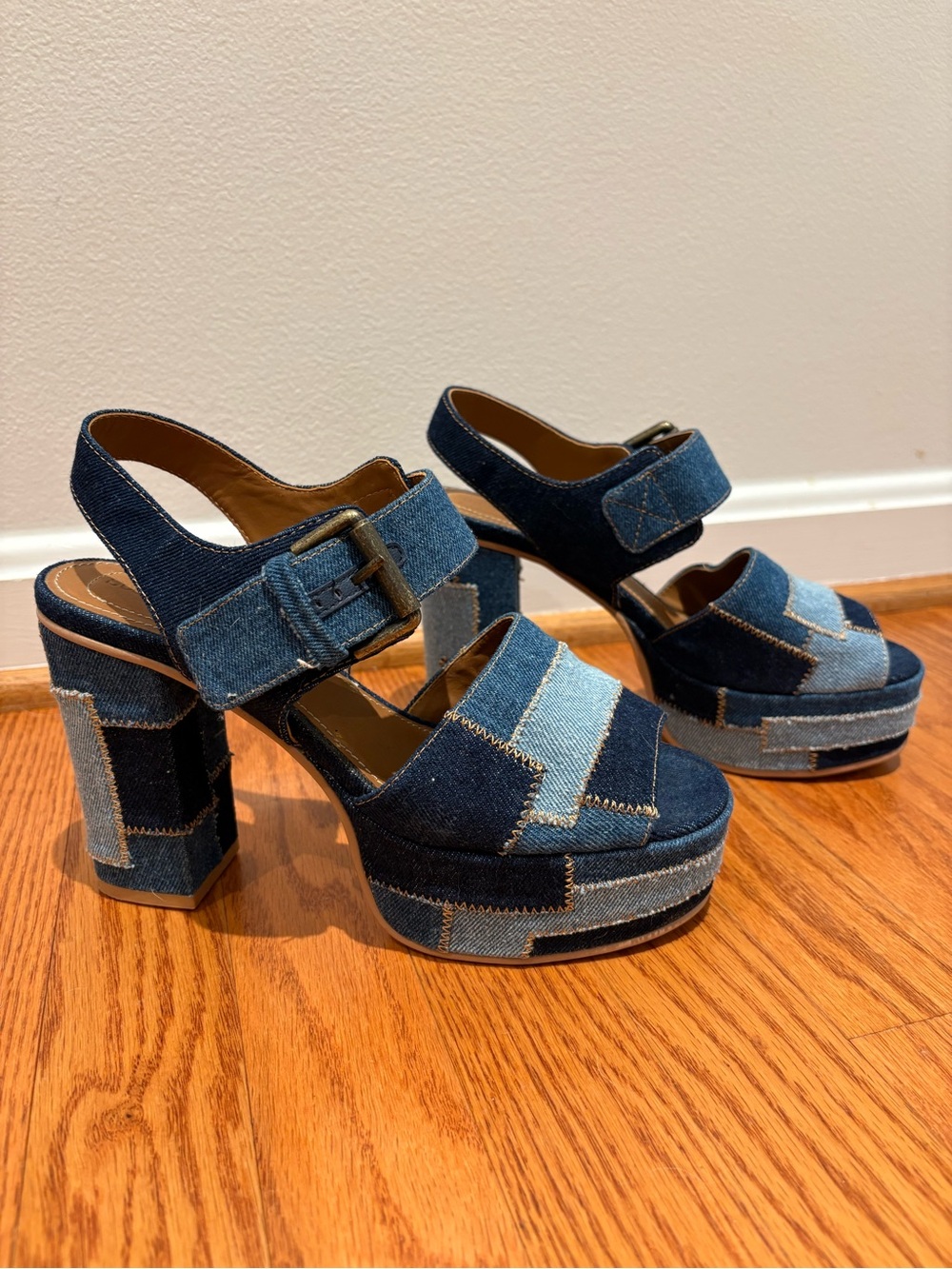 See by Chloé Denim Patchwork Block Heel Platform Sandals Sz 39 * - Picture 1 of 14
